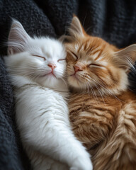 Fototapeta premium Two adorable kittens sleeping cuddling