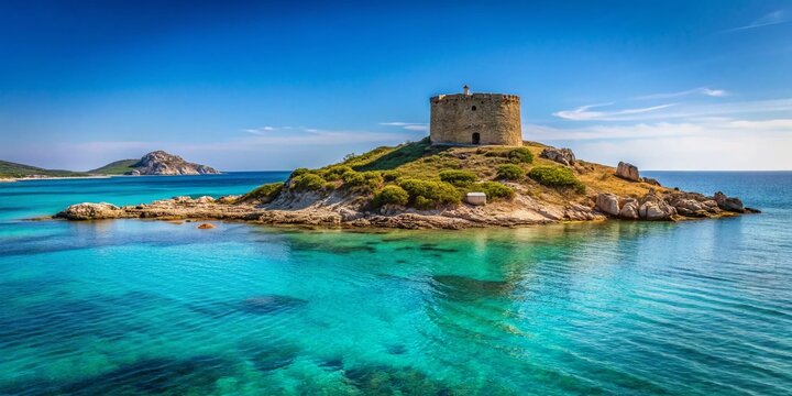 Minimalist Sardinia Seascape: La Pelosa Lookout Tower and Islet