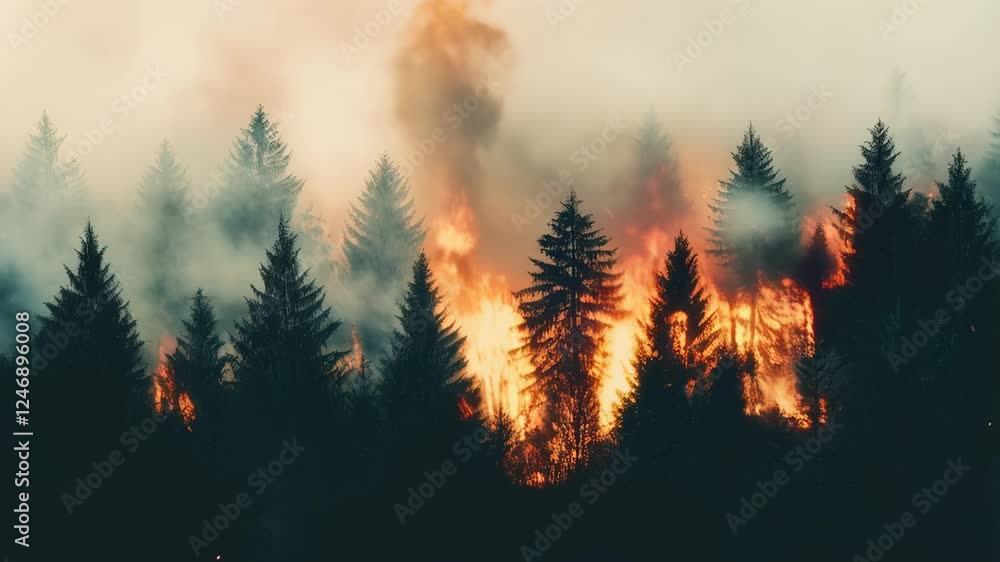 Poster intense flames rise from a wildfire consuming a dense pine forest, creating a thick blanket of smoke