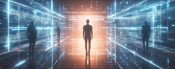 Futuristic scene with digital silhouettes.