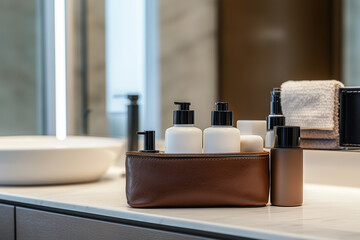 Tray with a white towel, a bottle of lotion, a bottle of shampoo