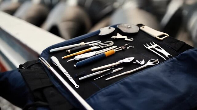 Various fishing tools, including hooks, a line cutter, pliers, and other accessories, are neatly organized and displayed on a tackle box or fishing vest