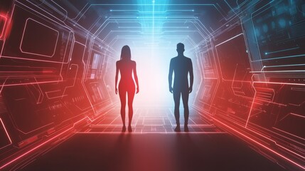 Futuristic scene with humans in neon light.