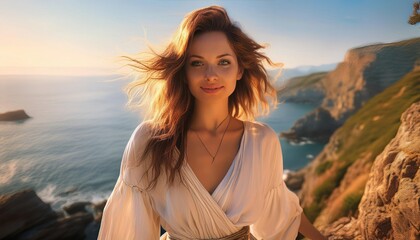 Embracing the vibrant summer breeze by the serene seaside cliffs at sunset