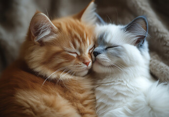 Two adorable kittens sleeping cuddling