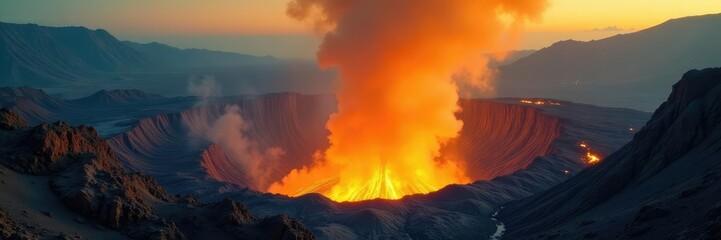 Smoke rises from the depths of an ancient volcano, yellow, natural wonder