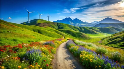 Obraz premium Minimalist Scenic Landscape: Wind Turbines, Rocky Path, Green Hills & Mountains