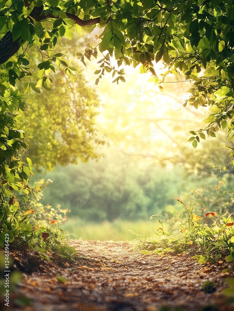 Aufkleber lush green forest pathway illuminated by sunlight inviting serenity and exploration : generative ai