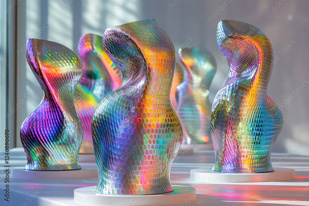 Poster iridescent sculptures reflecting light creating a mesmerizing display of colors and forms