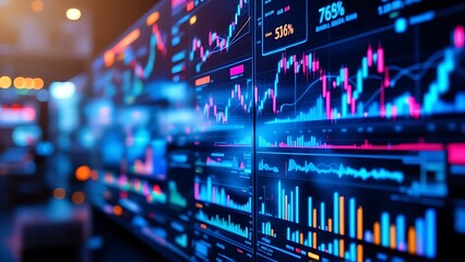 Multiple screens displaying dynamic financial charts and data analysis in a high-tech monitoring setup.