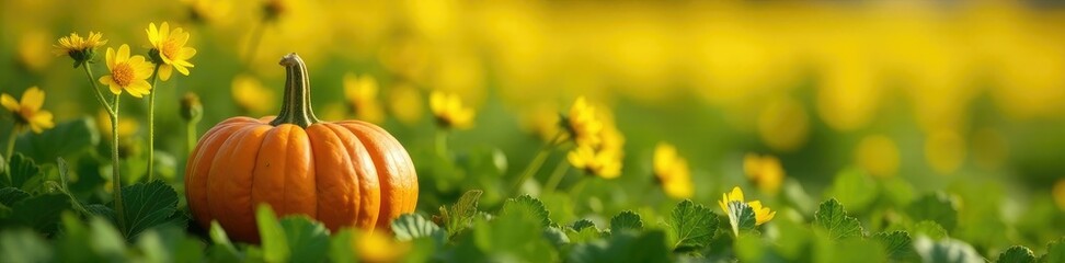Small pumpkin resting against a patch of tall yellow flowers, flower field, , flowers