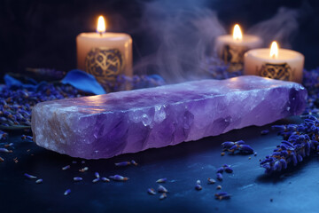 Purple crystal sits on a table next to candles and lavender flowers