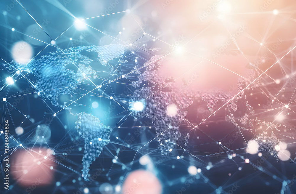 Poster a blue background with global network connections and the world map