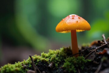 Small orange fungus with a short, thick stem in a damp forest environment, stems, biology
