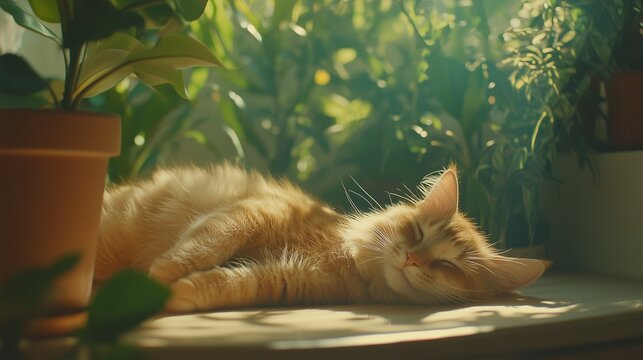 Tranquil Moments: A Cat Stretching in Sunlight
