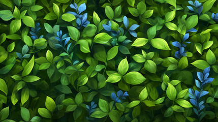 Vibrant Foliage Background: A lush tapestry of green leaves with pops of delicate blue blossoms, creates a vibrant and organic background for your design projects.