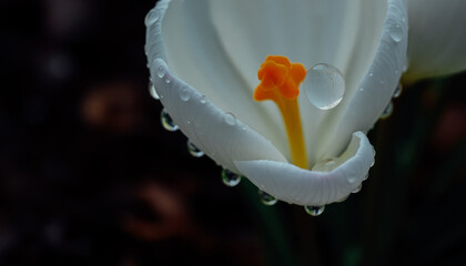 Macro shot of a vibrant orange crocus stamen with a glistening dewdrop resting on its tip, symbolizing natural beauty.
