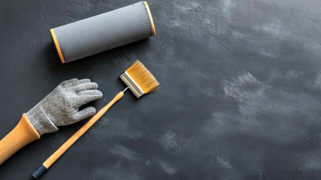 Tools and materials are arranged for painting preparation in a home improvement setting, showing focus on a roller and brush