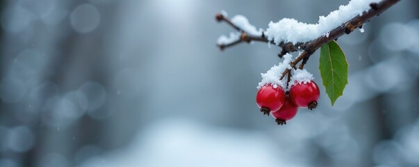 Single snow-covered holly berry hanging from a bare branch, frozen plants, winter holly, icy foliage