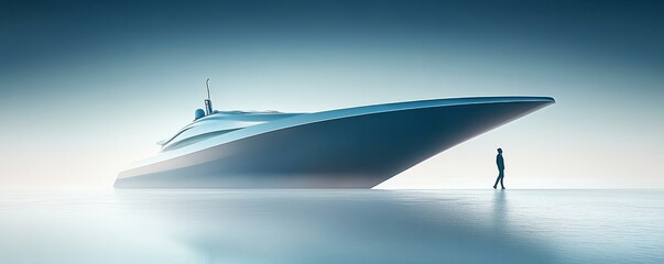 Obraz premium Futuristic yacht on calm waters with silhouette.