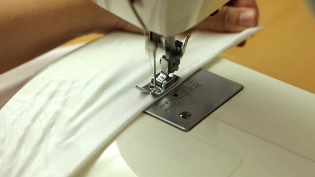cosiendo una tela blanca en una m&aacute;quina de coser el&eacute;ctrica, trabajo desde casa
