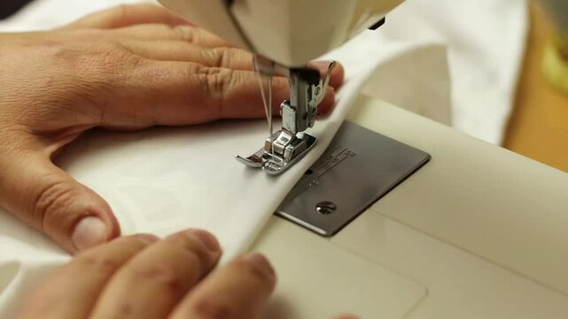 cosiendo una tela blanca en una m&aacute;quina de coser el&eacute;ctrica, trabajo desde casa