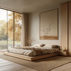 A bedroom with a bed, a vase, and a picture on the wall
