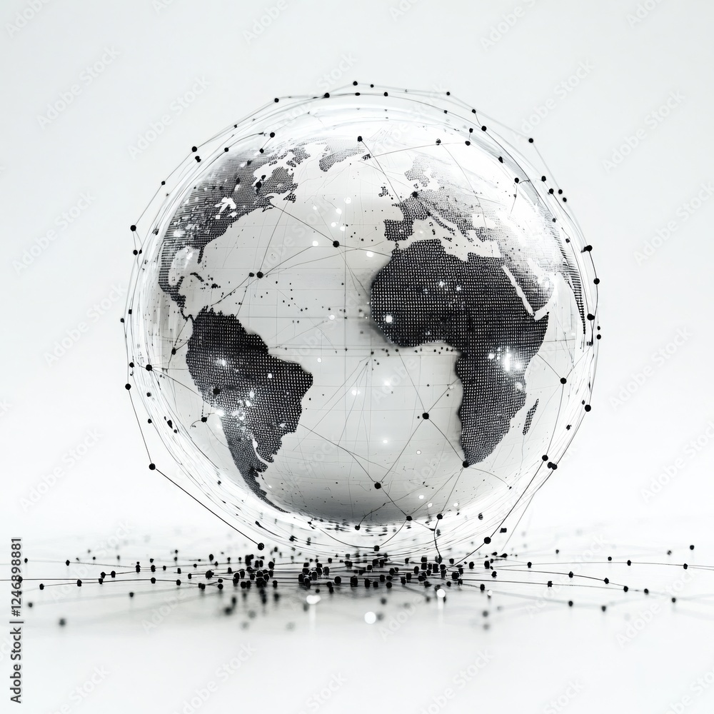 Aufkleber global network connection abstract concept with white globe and black lines on white background