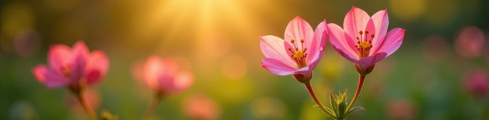 Fototapeta premium Morning sunlight illuminates delicate pink Evening Primrose, garden blooms, natural light, nature