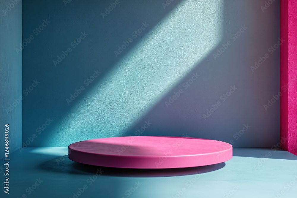 Poster pink platform in a blue room with a diagonal light beam creating a modern abstract scene