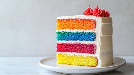 Slice of Rainbow Layer Cake with Red Frosting. A colorful slice of a rainbow layer cake with white frosting and a decorative red frosting swirl on top