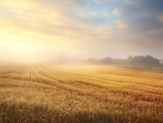 Golden wheat field under morning light with misty horizon and blue sky for peaceful countryside landscapes : Generative AI