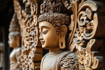 A traditional Buddha statue made of carved wood, A wooden statue of Buddha in a seated position on a chair, symbolizing peace and meditation.