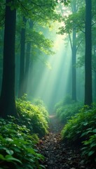 Obraz premium Misty veil shrouding the forest floor in mystery, greenery, plants