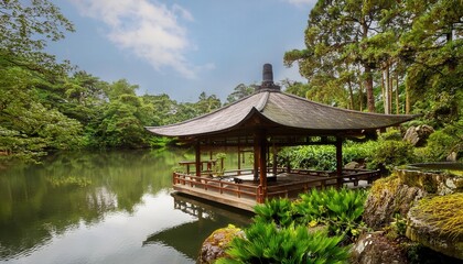 Tranquil summer retreat surrounded by lush greenery and serene waters in a peaceful garden