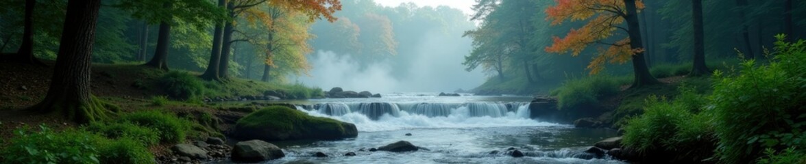 Fototapeta premium Misty morning scene with Shohola Creek waterfall, forests, mist