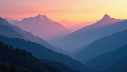 misty mountain peaks rising from foggy valley, landscape, dawn
