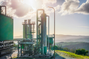 Geothermal energy. Pipelines of a plant in Larderello, Tuscany region, Italy