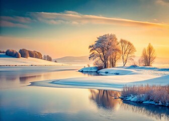 Minimalist Winter Landscape: Snow Covered Hills and Frozen Lake