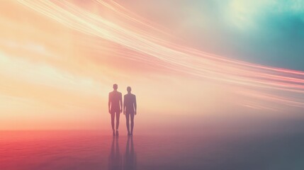 Fototapeta premium Individuals exploring a colorful dreamlike landscape.
