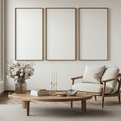 A white room with a wooden coffee table and a chair