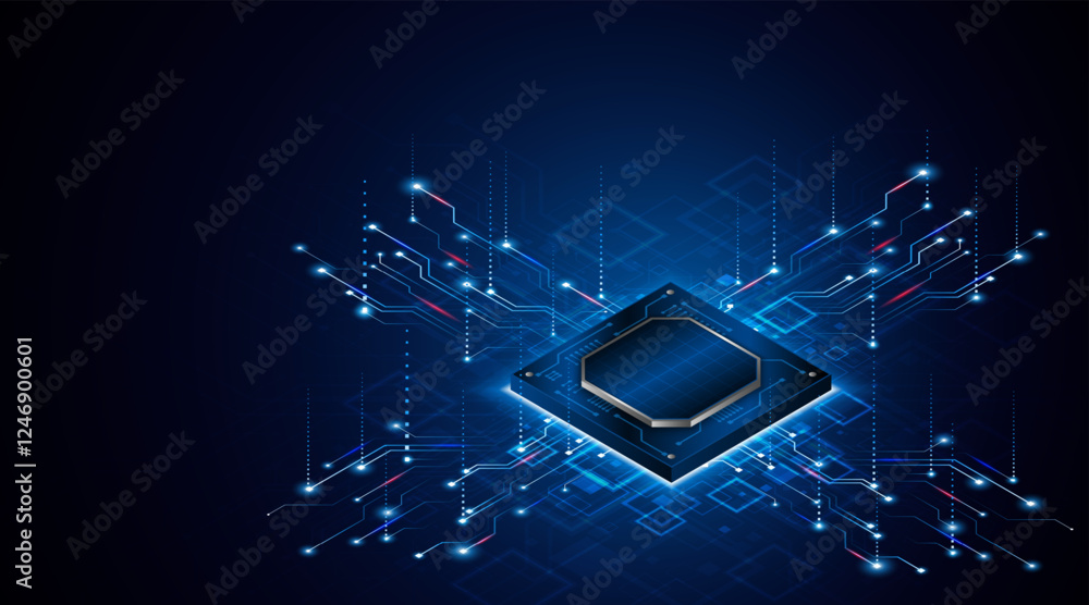 Poster Microchip processor circuit board technology on dark blue background. Information Processing Concept. Circuit board hi-tech technology background. vector illustration	