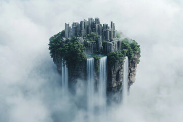 Fototapeta premium Sci-Fi Utopia: Floating Island City with Cascading Waterfalls Disappearing Into Mist, A Vision of Fantastic Frontiers