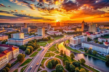 Obraz premium Minsk Cityscape Aerial View: Evening Golden Hour, Belarus Capital