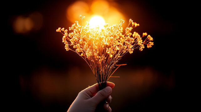 hand holding bouquet of dried flowers against sunset background, creating warm and serene atmosphere. sunlight illuminates flowers beautifully