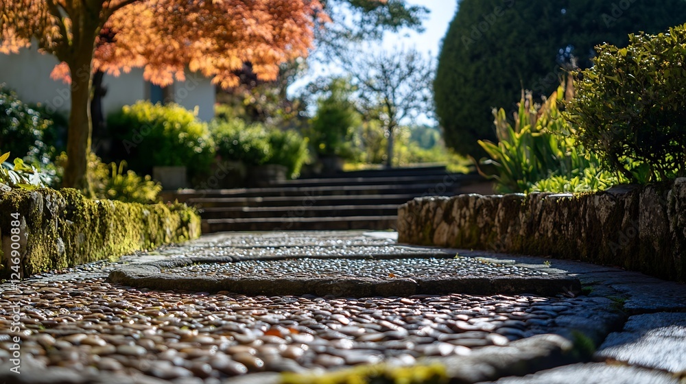 Poster pebble pathway through lush autumn garden with vibrant fall foliage : generative ai
