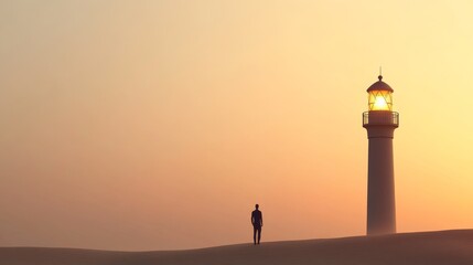 Lighthouse silhouette at sunset glow.