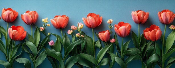 Fototapeta premium Vibrant Coral Tulips Spring Floral Border