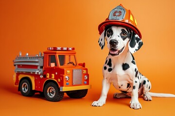 Dalmatian puppy in firefighter helmet with toy fire truck on orange background