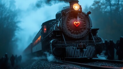 Obraz premium In a ghostly landscape, a vintage steam locomotive adorned with a heart-shaped light pierces the fog, inviting onlookers into a realm of enchantment and nostalgia with every whistle.
